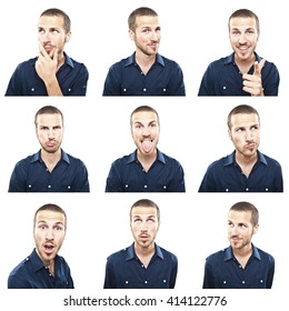 Young Man Face Expressions Composite Isolated On White Background