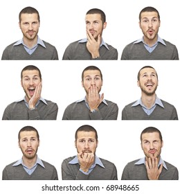 Young Man Face Expressions Composite Isolated On White Background