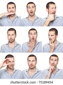 Young Man Face Expressions Composite Isolated On White Background