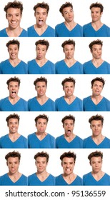 Young Man Face Expressions Composite Isolated On White Background.