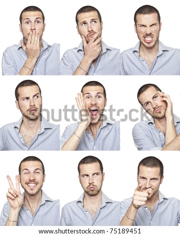 young man face expressions composite isolated on white background