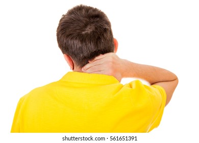 Young Man feels Neckache Isolated on the White Background