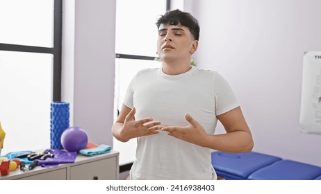 A young man focuses on breathing exercises indoors at a rehab clinic surrounded by therapy equipment. - Powered by Shutterstock