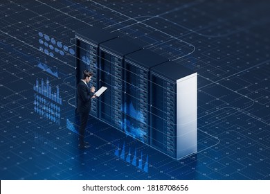 Young man with folder standing in server room with double exposure of digital interface. Concept of data analysis. Toned image