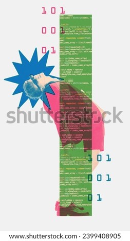 Young man, freelance, IT worker creating code for website, application. Coding. Html, css, java. Contemporary art collage. Concept of computer programming, developing software, modern technologies