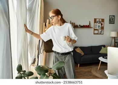 A young man gazes out the window thoughtfully while sipping his drink in a modern home. - Powered by Shutterstock