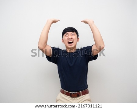 Young man gesture carry on head feel heavy isolated