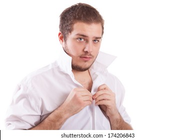 Young Man Getting Dressed, Isolated On White