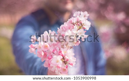 a young man giving boquet of pink flowers, spring, love and romantic concept. Horizontal