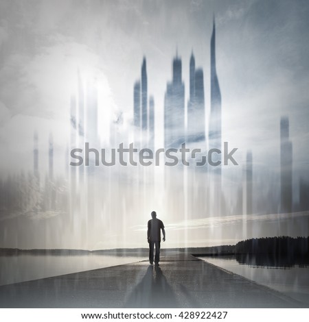 Young man goes on the pier to the ghost town, conceptual collage photo