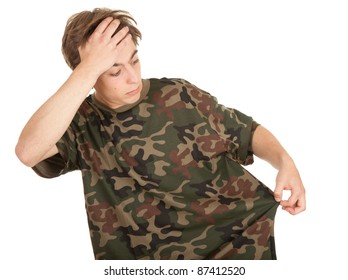 Young Man In Too Great Camouflage Shirt, White Background