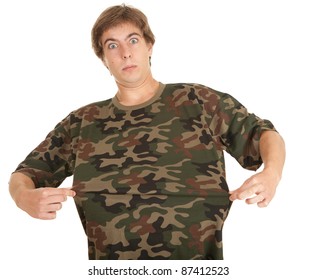 Young Man In Too Great Camouflage Shirt, White Background