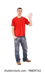 Young Man Greeting And Saying Hi, Isolated On White.