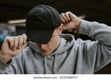 Young man in a grey hoodie and black cap. The male adjusts his black cap. Casual look with a grey hoodie and black cap. Male's casual fashion attire. Young man in streetwear with cap and hoodie - Powered by Shutterstock