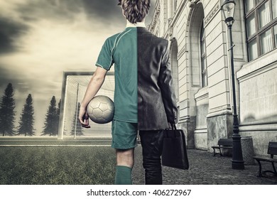 Young Man Half Soccer Player Half Bussiness Man. In A City And  Soccer Field.