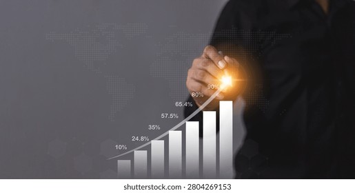 Young man hand touching to visualize money growth The phone screen displays graphs and charts showing increasing investment and savings trends, increased account