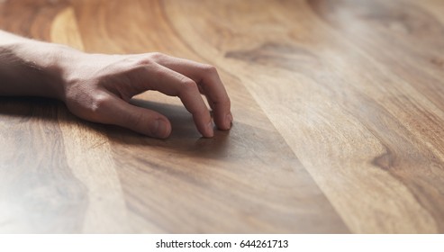 Young Man Hand Waiting Tapping Fingers Sitting At The Table, Wide Photo