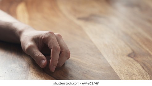 Young Man Hand Waiting Tapping Fingers Sitting At The Table, Wide Photo