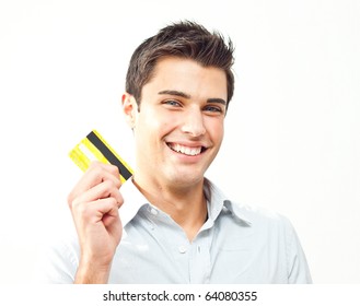 Young Man Happy Holding Credit Card