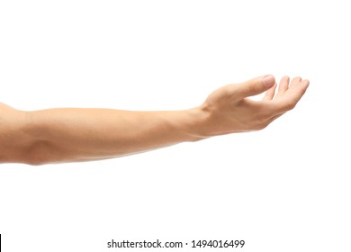 Young man held out hand on white background, closeup