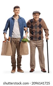 Young Man Helping A Senior And Carrying Grocery Bags Isolated On White Background