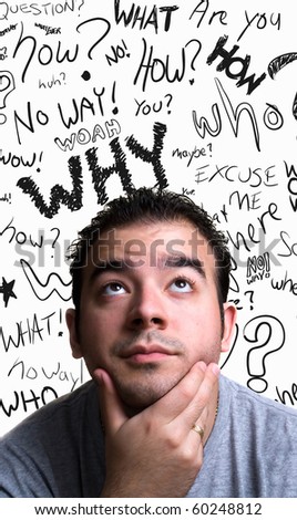 A young man with his hand on his chin looks like he is thinks deeply about something. Doodle question words floating in the background.