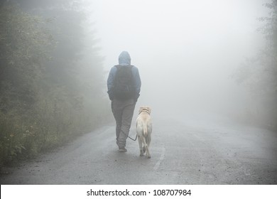 Young man with his labrador on trip in mystery fog. - Powered by Shutterstock