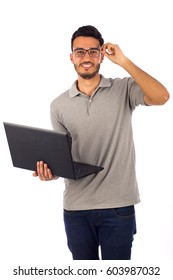 Young Man Hoding Laptop, Isolated On White