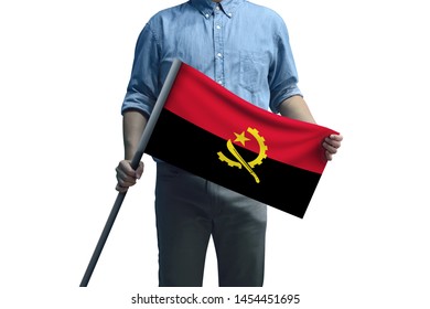 Young Man Holding Angola Flag In White Background, Flag Of Angola.