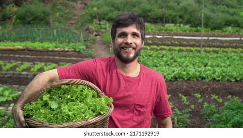 Young Man Holding Basket Of Organic Lettuces Standing At Urban Farm