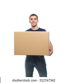 Young Man Holding Big Cardboard Box In Front Of Himself On White Background