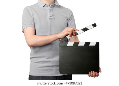 Young Man Holding Blank Clapper Board Isolated On White Background