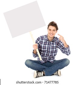 Young Man Holding Blank Poster