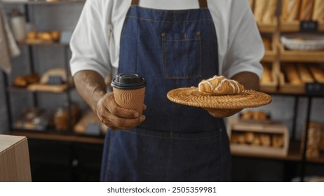 Young man holding coffee and croissant in a bakery with fresh bread displayed around the shop - Powered by Shutterstock