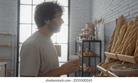 Young man holding a coffee cup standing in a bakery surrounded by various types of bread and pastries on display - Powered by Shutterstock