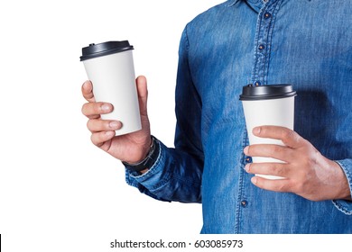 Young Man Holding A Cup Of Coffee With A White Background.