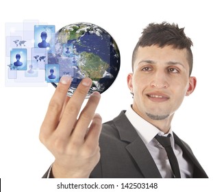 Young man holding earth with social media symbols isolated on white. Elements of this image are furnished by NASA