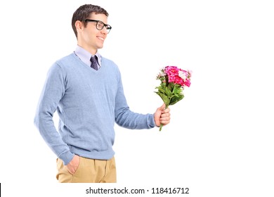 A Young Man Holding Flowers Isolated On White Background