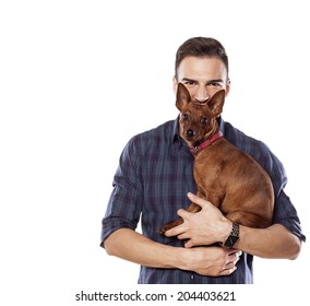 Young Man Holding His Little Dog