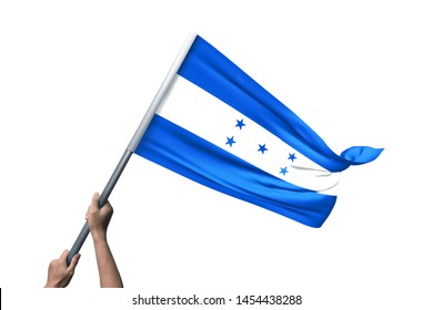 Young man holding Honduras Flag in White Background, Flag of Honduras.