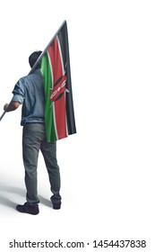 Young Man Holding Kenya Flag In White Background, Flag Of Kenya.