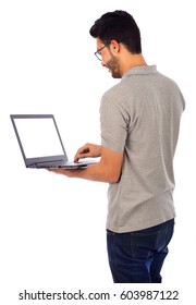 Young Man Holding Laptop, Isolated On White