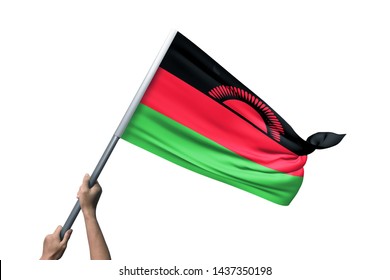 Young Man Holding Malawi Flag In White Background, Flag Of Malawi.