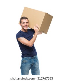 Young Man Holding Parcel On His Shoulder And Smiling