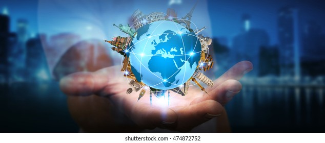 Young man holding the planet earth surrounded by famous monuments of the world in his hands 3D rendering