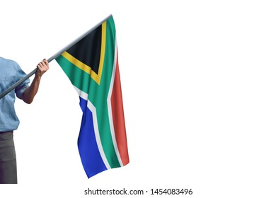 Young Man Holding South Africa Flag In White Background, Flag Of South Africa