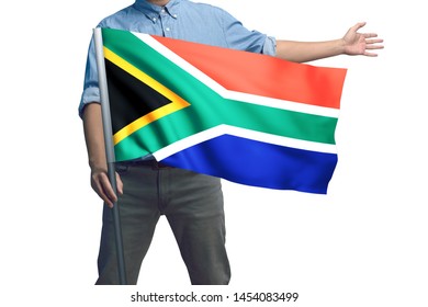 Young Man Holding South Africa Flag In White Background, Flag Of South Africa