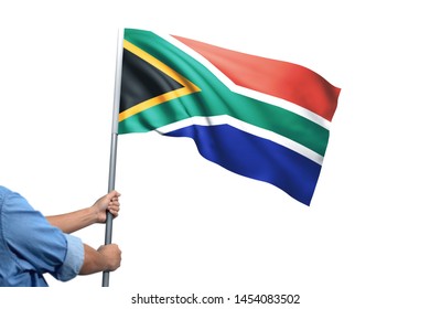 Young Man Holding South Africa Flag In White Background, Flag Of South Africa