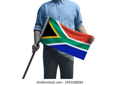 Young Man Holding South Africa Flag In White Background, Flag Of South Africa