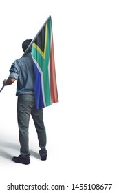 Young Man Holding South Africa Flag In White Background, Flag Of South Africa